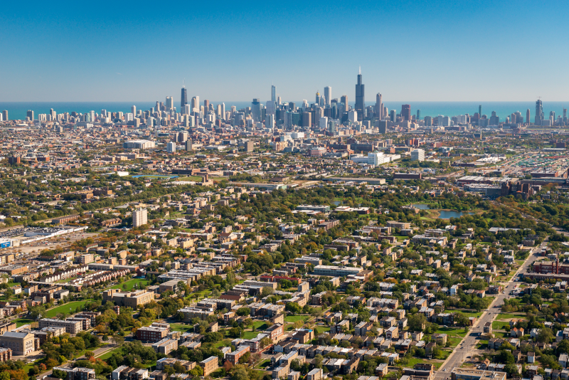 Chicago neighborhoods and skyline, aerial view