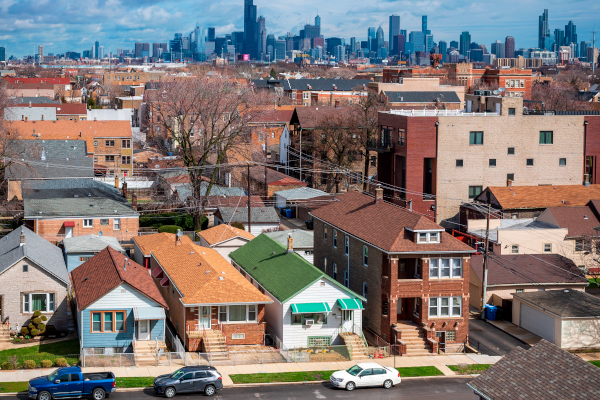 Aerial view of single-family homes in Chicago's Bridgeport neighborhood