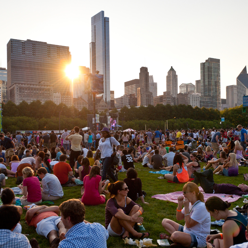 chicago grant park festival summer skyline lawn crowd sunset pullman