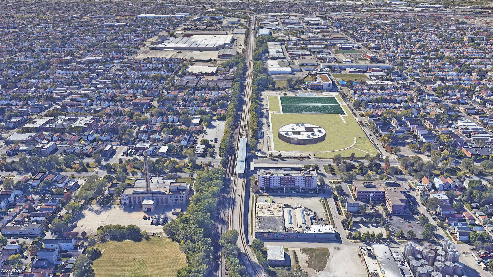 Aerial view of the Chicago Park District headquarters at 48th & Western