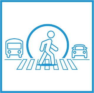 Drawing of person walking in crosswalk with bus and car surrounding