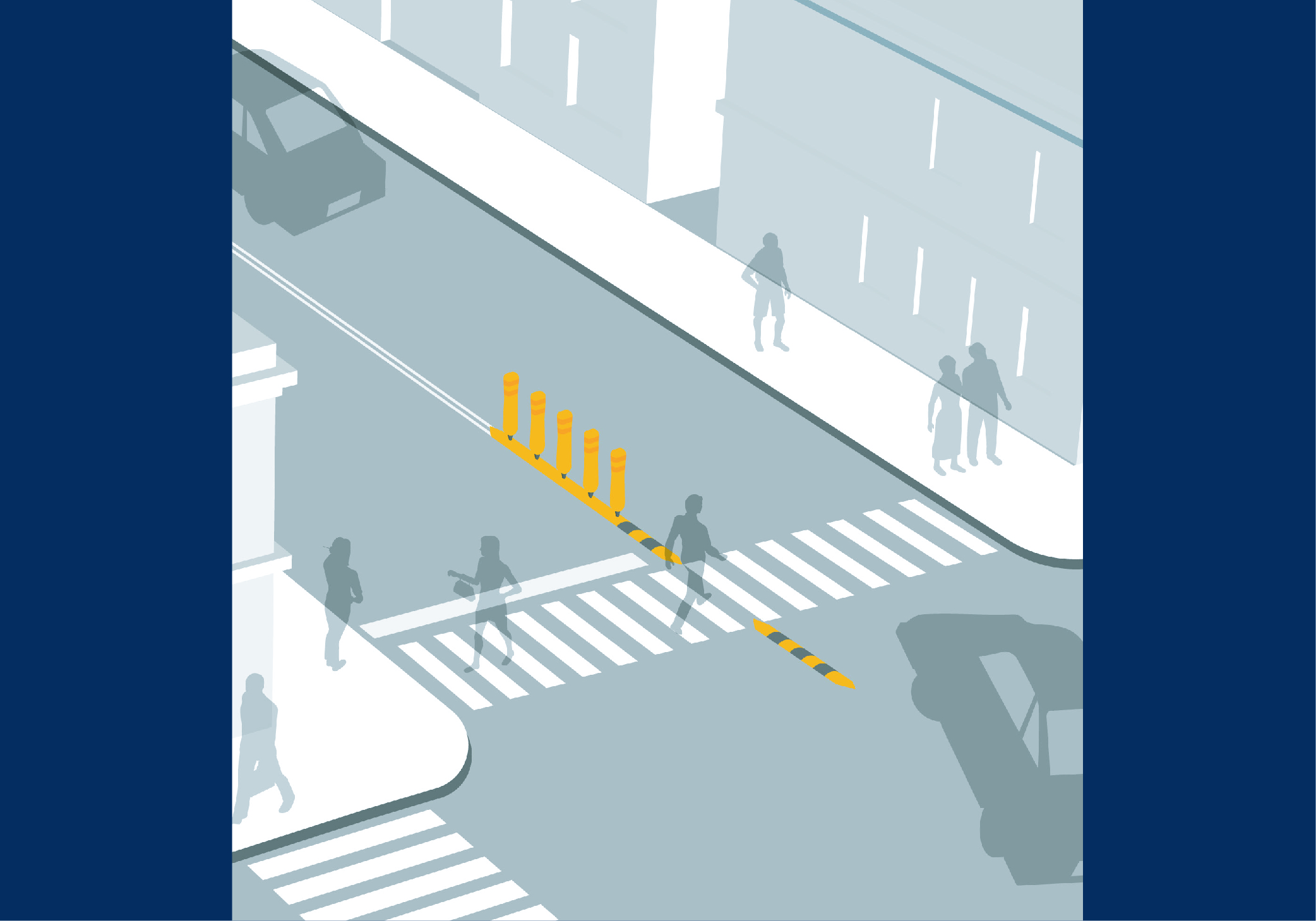 Rendering of  person crossing street with hardened centerline