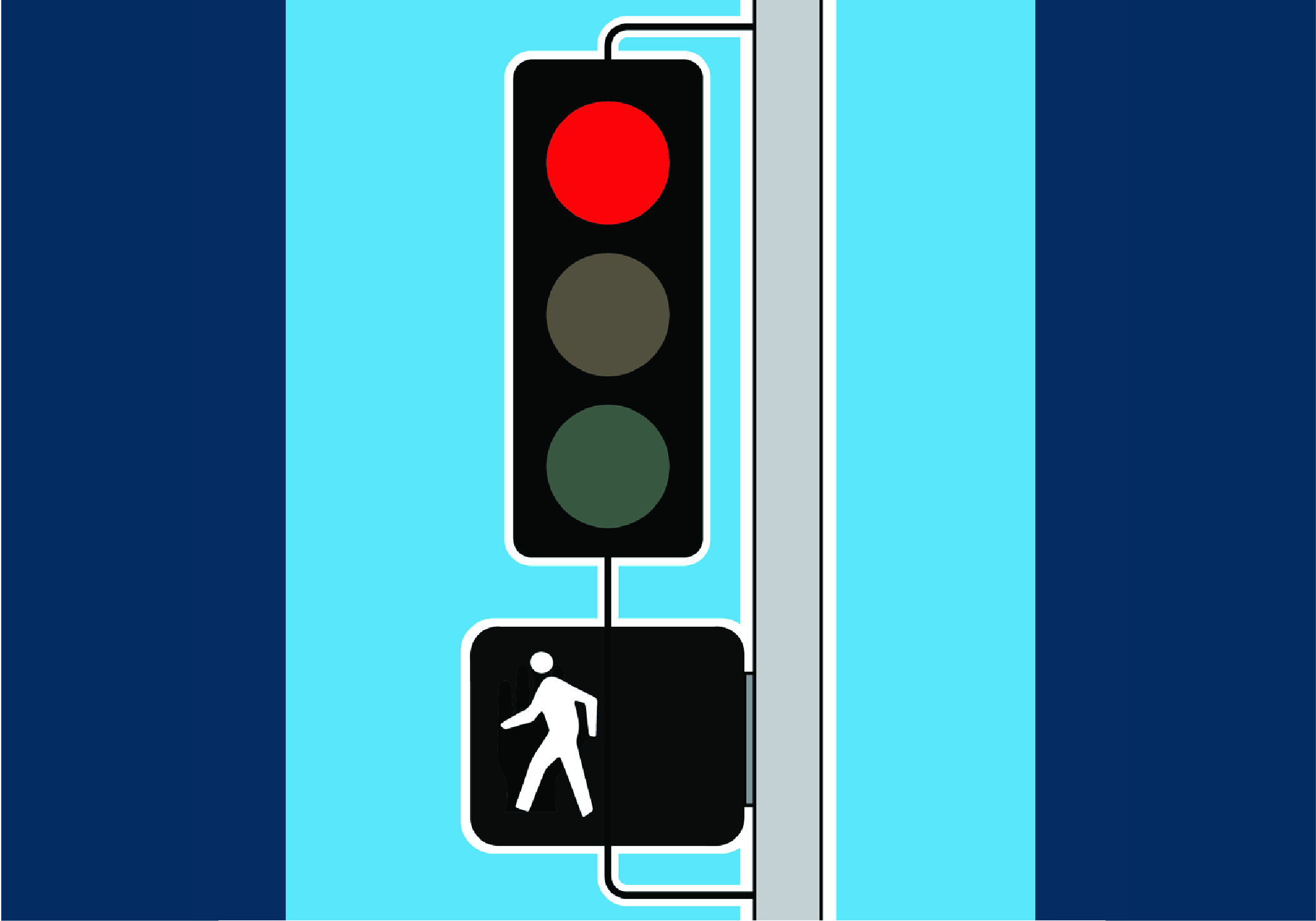 Renderingof traffic signal showing red and pedestrian signal displaying walk signal