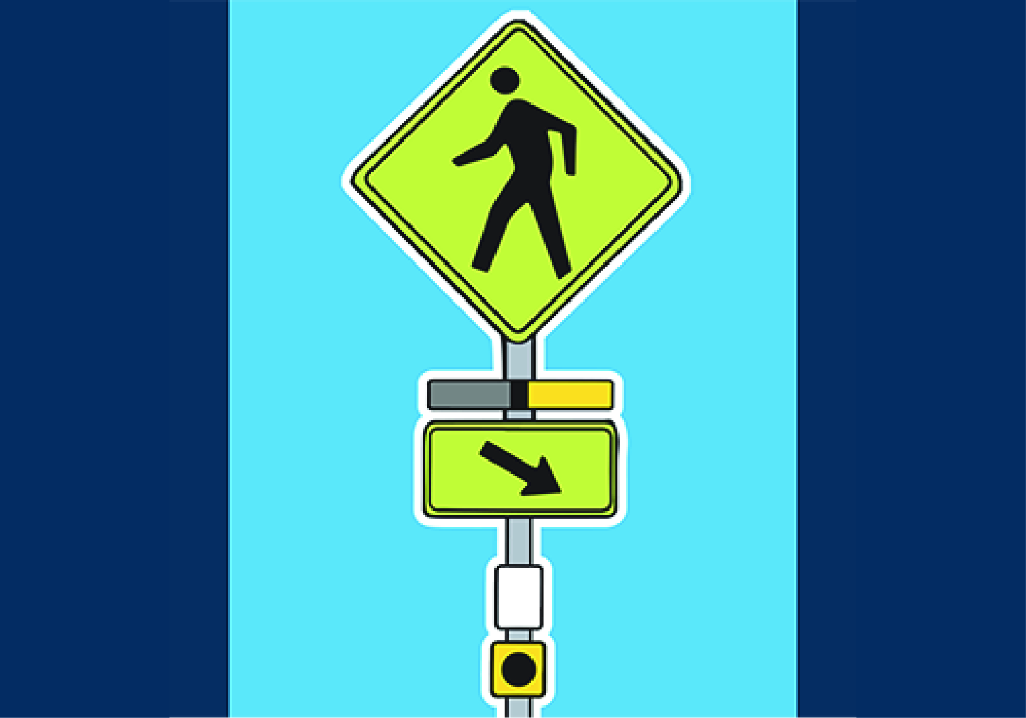 Rendering of a pedestrian crossing road sign with lights and a push-button