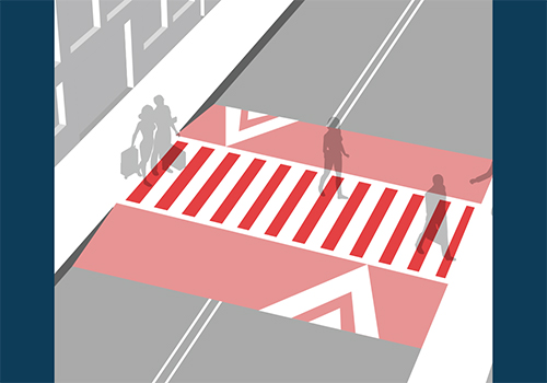 Rendering of a raised crosswalk across a roadway and people walking on the crosswalk