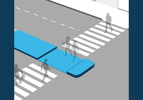 Rendering of a street with a pedestrian refuge island in the center and people crossing in the crosswalk