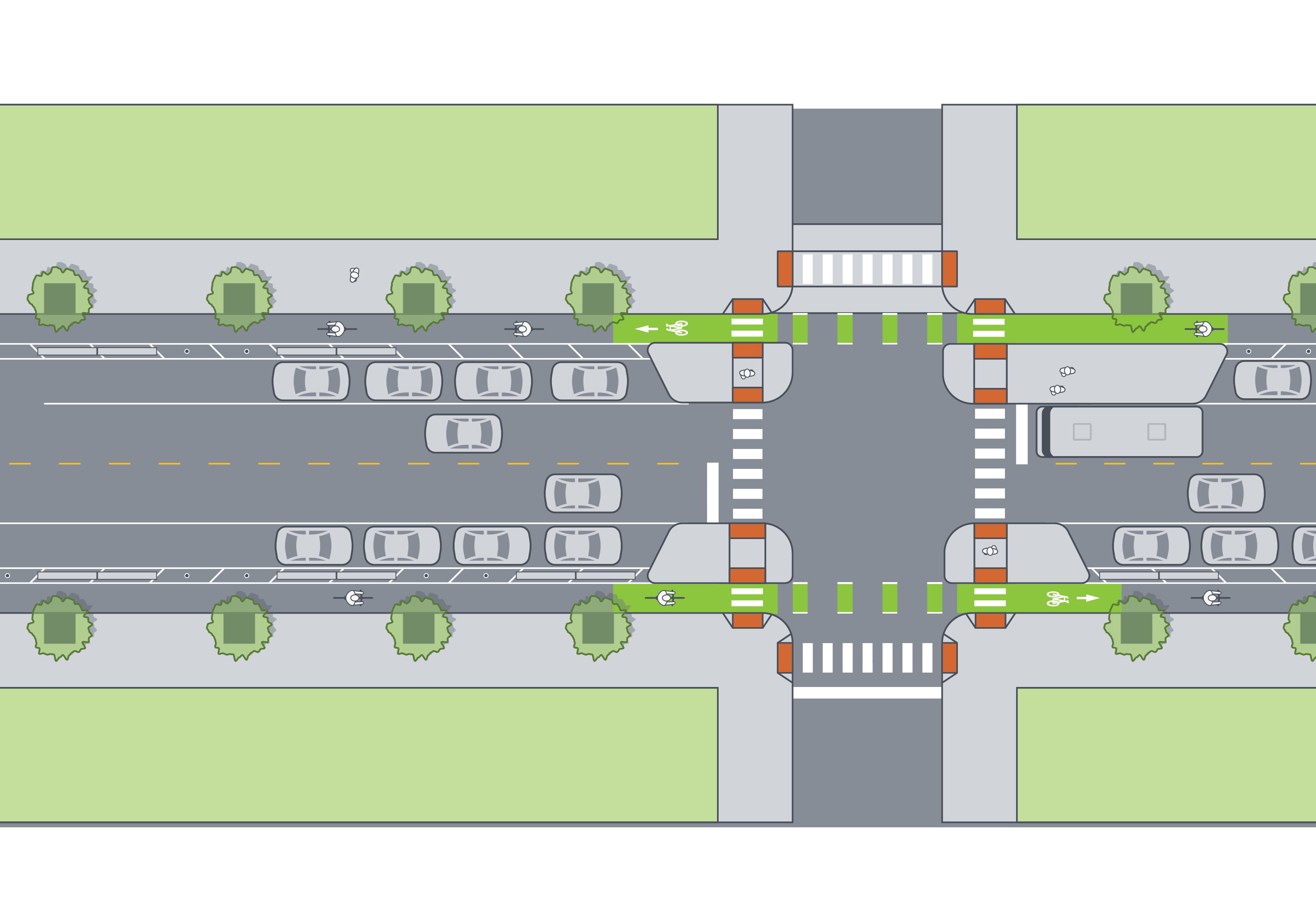 Aerial diagram of an intersection, including a protected bikeway that runs in between the sidewalk and a raised concrete bus boarding island. There is a a special crosswalk over the bikeway for people to access the bus boarding island. People wait for the bus on the bus boarding island, the bus pulls up next to the island for boarding and alighting. 