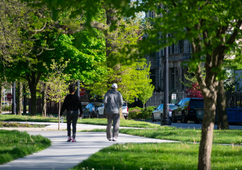Two pedestrians on an urban park pathway